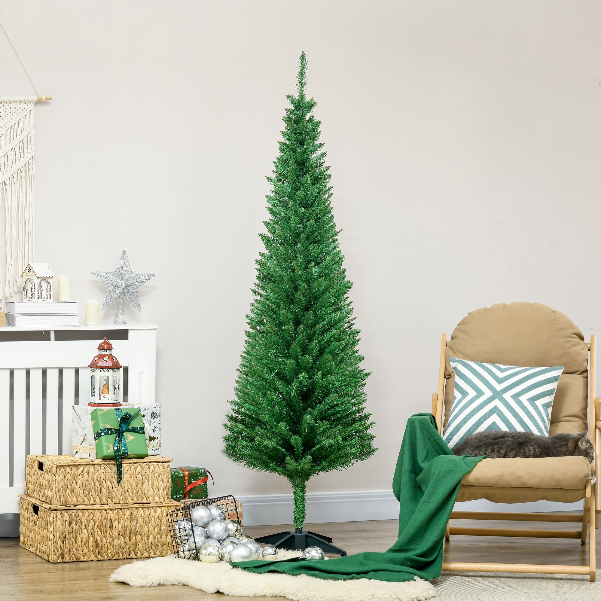 HOMCOM 6ft Slim Pencil Christmas Tree | Realistic Light Green Unlit Xmas Tree with 390 Branch Tips &amp; Plastic Stand | Perfect for Cozy Home Decor &amp; Holiday Ambiance
