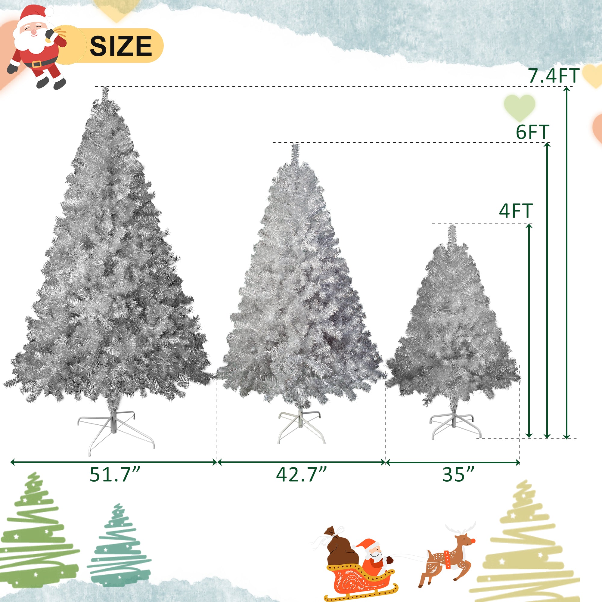 7.4FT, 6FT, 4FT Silver Pre-Lit Hinged Artificial Christmas Tree Set - 2400 Branch Tips, 850 LED Lights, 11 Modes - Metallic Spruce Xmas Decor for Home, Office, School