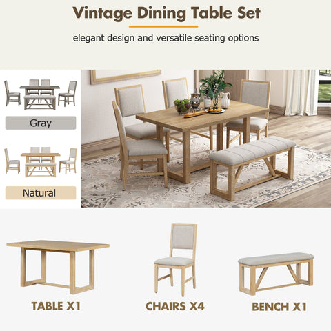 TREXM 6-Piece Retro Dining Table Set for 6, 60" Oak Veneer Wood Kitchen Table & 4 Chairs with Upholstered Bench, Natural Finish, Dining Room & Kitchen Use, Durable Rubberwood Legs