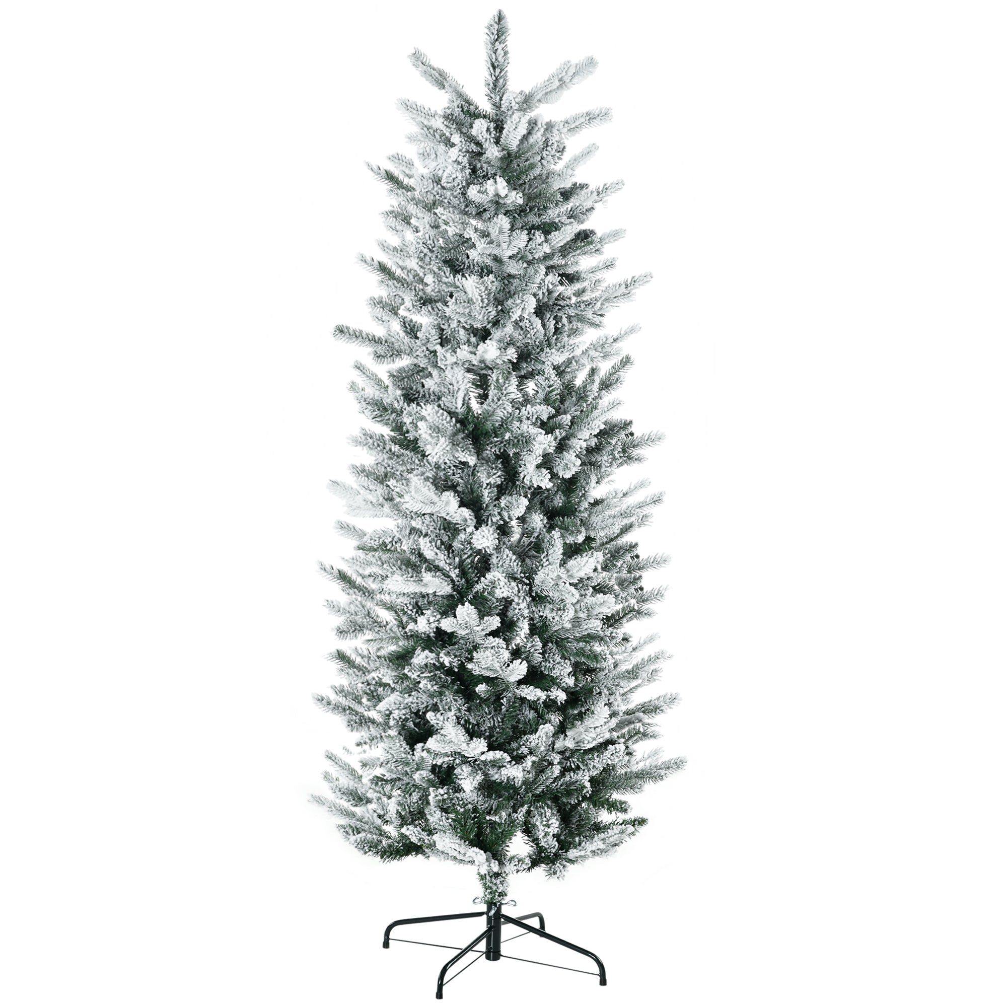 HOMCOM 6ft Green Flocked Artificial Christmas Tree | Auto-Open Snow Branches, Realistic Pencil Shape, Flame Retardant Plastic & Steel Base | Indoor Holiday Decor