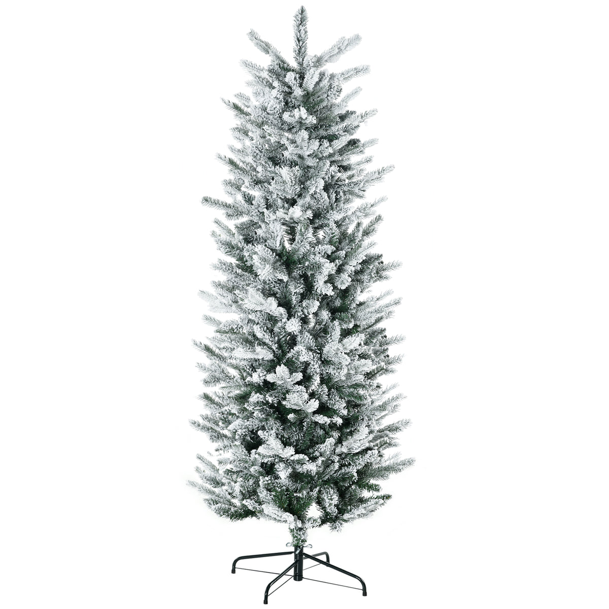 HOMCOM 6ft Green Flocked Artificial Christmas Tree | Auto-Open Snow Branches, Realistic Pencil Shape, Flame Retardant Plastic & Steel Base | Indoor Holiday Decor