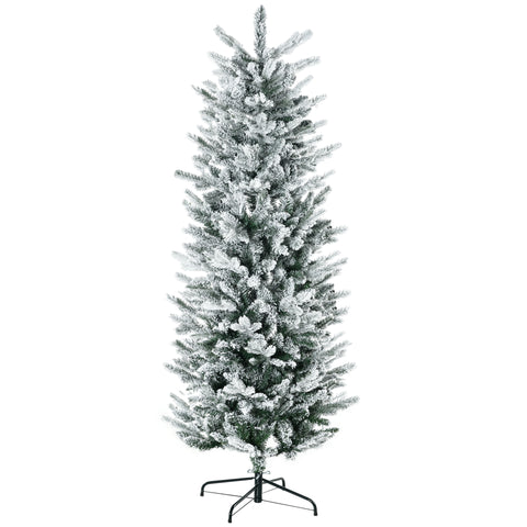 HOMCOM 6ft Green Flocked Artificial Christmas Tree | Auto-Open Snow Branches, Realistic Pencil Shape, Flame Retardant Plastic & Steel Base | Indoor Holiday Decor