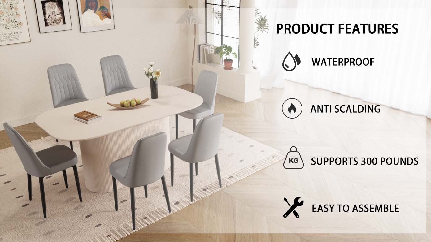 63" Cream Modern MDF Dining Table Set with 6 Grey PU Leather Ergonomic Chairs - Industrial Style Home & Kitchen Furniture for 4-8 Guests - Easy Assembly