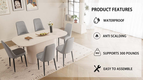 63" Cream Modern MDF Dining Table Set with 6 Grey PU Leather Ergonomic Chairs - Industrial Style Home & Kitchen Furniture for 4-8 Guests - Easy Assembly