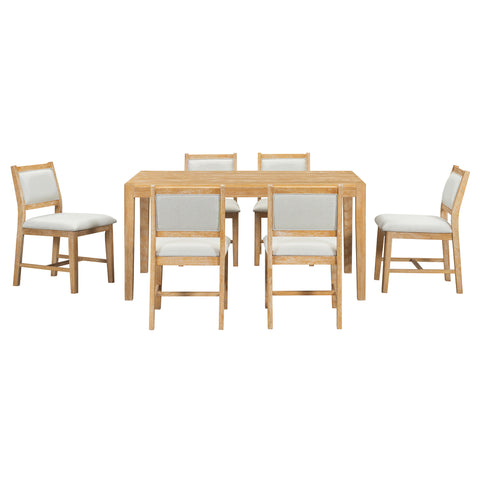 TREXM 7-Piece Retro Rectangular Wood Dining Table Set for 6 - Natural Oak Veneer & MDF with Upholstered Foam Chairs - Spacious Kitchen & Dining Room Furniture - Durable Solid Wood Legs