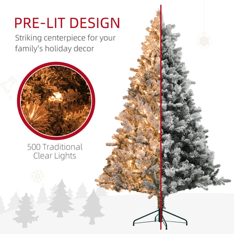 HOMCOM 7.5ft Snow Flocked Pre-Lit Artificial Christmas Tree, 500 Clear Lights, 1530 Tips, Hinged Green Xmas Tree with Metal Stand for Home &amp; Holiday Decor
