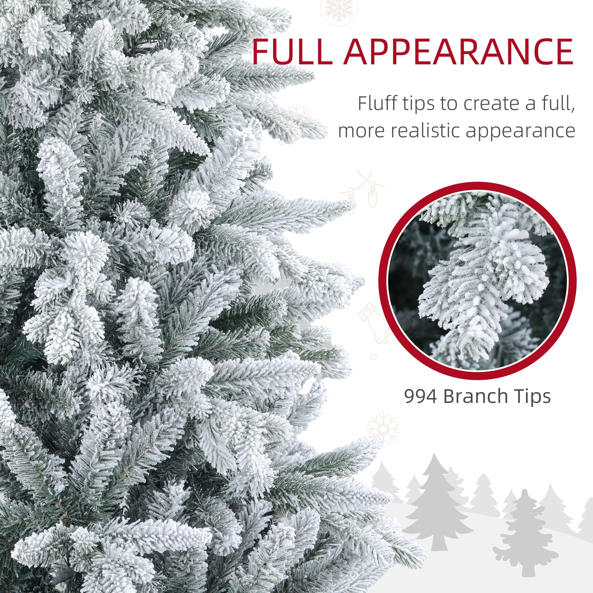 HOMCOM 6ft Snow Flocked Artificial Christmas Tree | 994 Tips, Hinged Green Xmas Tree with Metal Stand | Easy Assembly for Home &amp; Office Holiday Decor