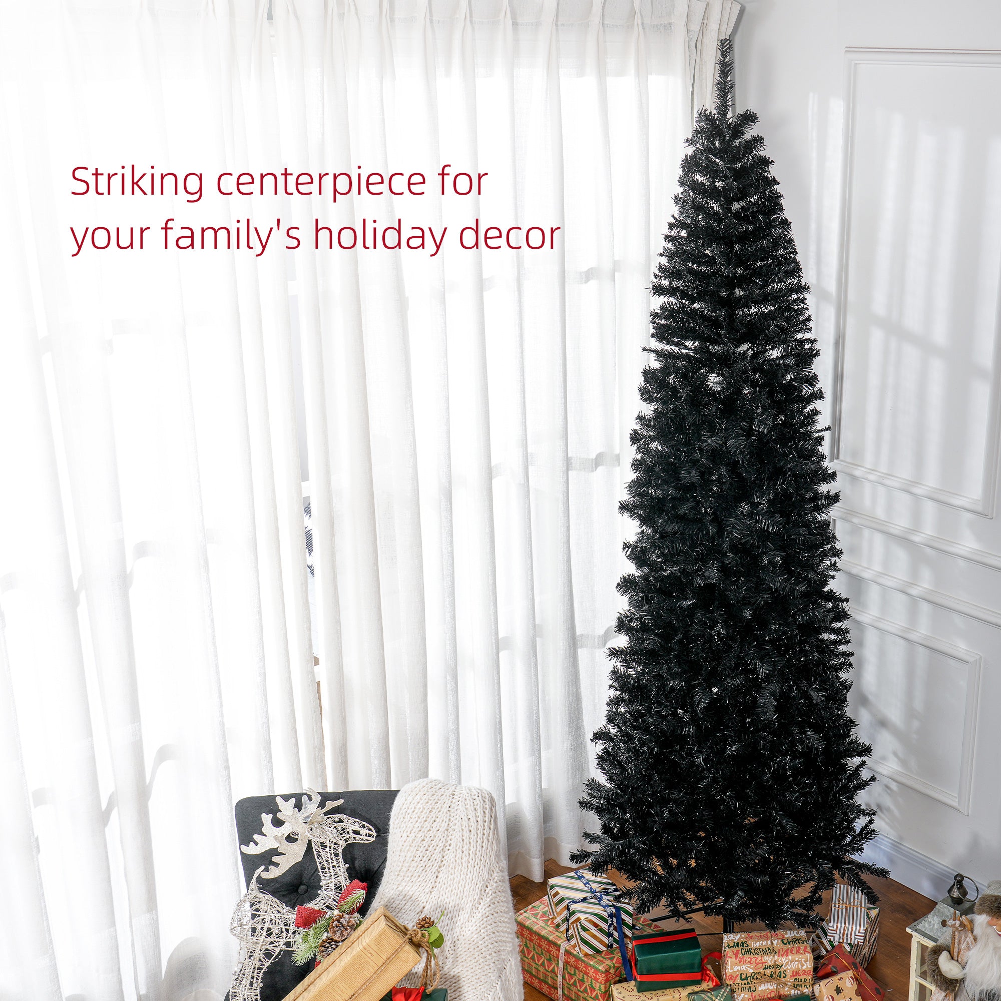 HOMCOM 8ft Black Pencil Christmas Tree - Unlit Slim Douglas Fir Artificial Xmas Tree, Realistic Branches, 1168 Tips, Flame Retardant, Easy Assembly for Home &amp; Office Decor