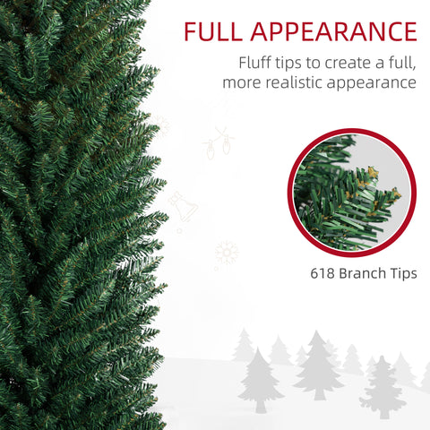 HOMCOM 8ft Slim Pencil Christmas Tree | 618 Realistic Branch Tips | Flame-Retardant Plastic | Green | Indoor Home & Fireplace Decor | Easy Assembly & Storage