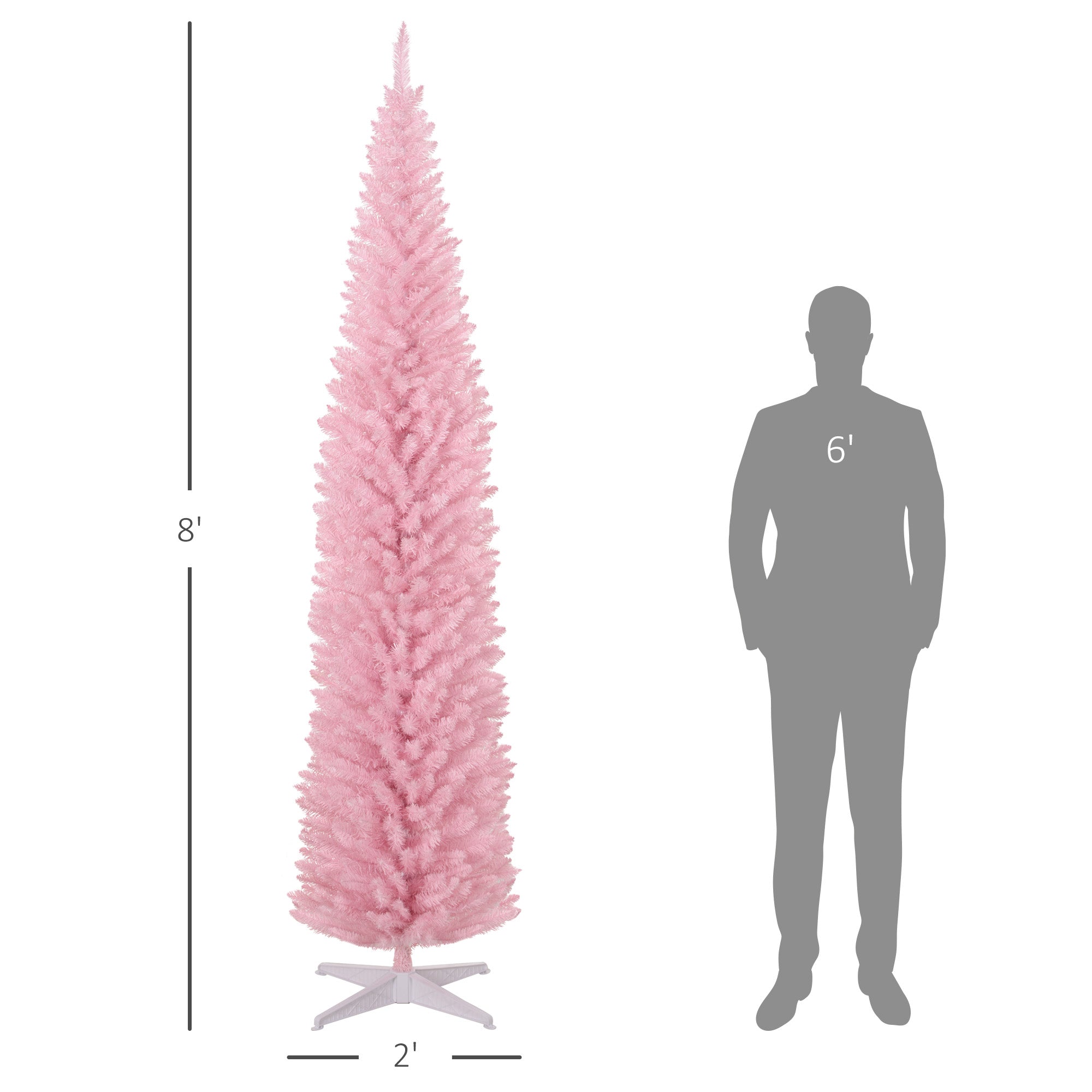 HOMCOM 8ft Pink Artificial Pencil Christmas Tree | Slim Xmas Tree with 618 Realistic Branch Tips & Plastic Stand | Flame Retardant for Home Decor