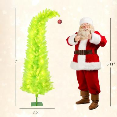 84 Inch Whimsical Pencil Christmas Tree - Slim Green Xmas Tree with Red Ball Top, 250 Warm White LED Lights, Metal Base for Indoor Holiday Decor