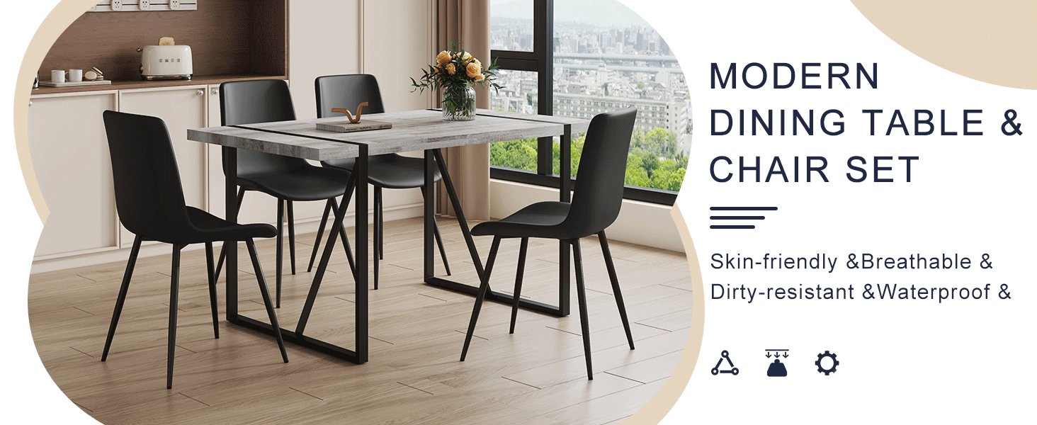 Table and chair set.A minimalist retro rectangular dining table with a specially textured top and black metal legs.Paired With 4 Black Artificial PU Chairs With Curved Widened Cushion Design.