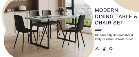 Table and chair set.A minimalist retro rectangular dining table with a specially textured top and black metal legs.Paired With 4 Black Artificial PU Chairs With Curved Widened Cushion Design.