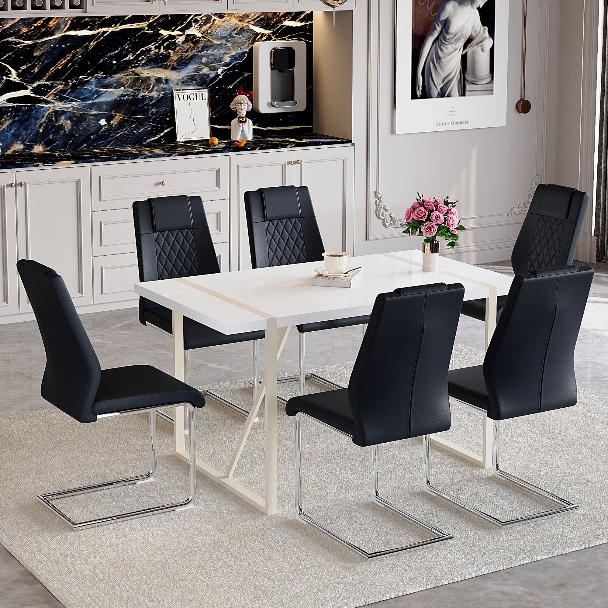 55" Cream-Style White MDF Dining Table Set with 6 Black PU Chairs & Silver Metal Legs - Modern Kitchen Furniture for Family Meals, Seats 6, Durable & Easy Assembly