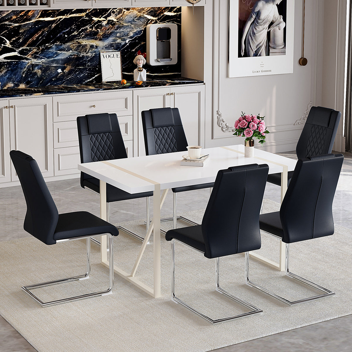 55" Cream-Style White MDF Dining Table Set with 6 Black PU Chairs & Silver Metal Legs - Modern Kitchen Furniture for Family Meals, Seats 6, Durable & Easy Assembly