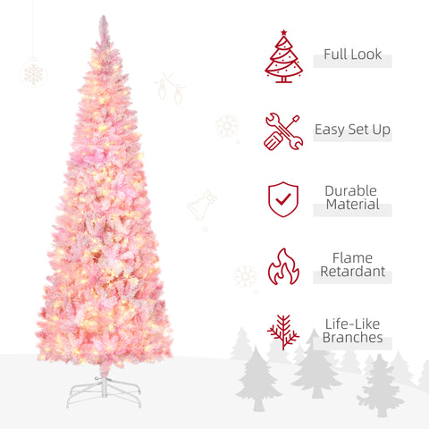 HOMCOM 7.5ft Snow Flocked Pencil Christmas Tree, Pink & White, Warm White LEDs, Auto-Open Branches, Realistic Pine, Flame-Retardant Plastic, Indoor Holiday Decor