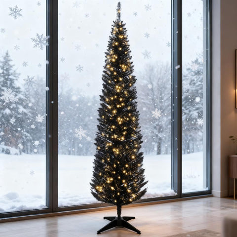 7ft Black Pencil Christmas Tree - Pre-lit Warm White LED, Realistic Flame-Retardant Artificial Xmas Tree for Indoor Decor, Slim Space-Saving Design