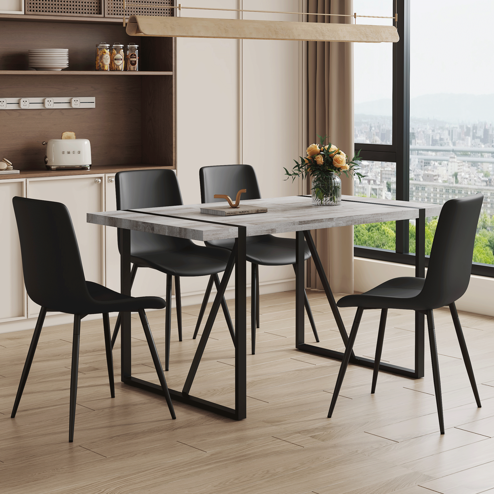Table and chair set.A minimalist retro rectangular dining table with a specially textured top and black metal legs.Paired With 4 Black Artificial PU Chairs With Curved Widened Cushion Design.