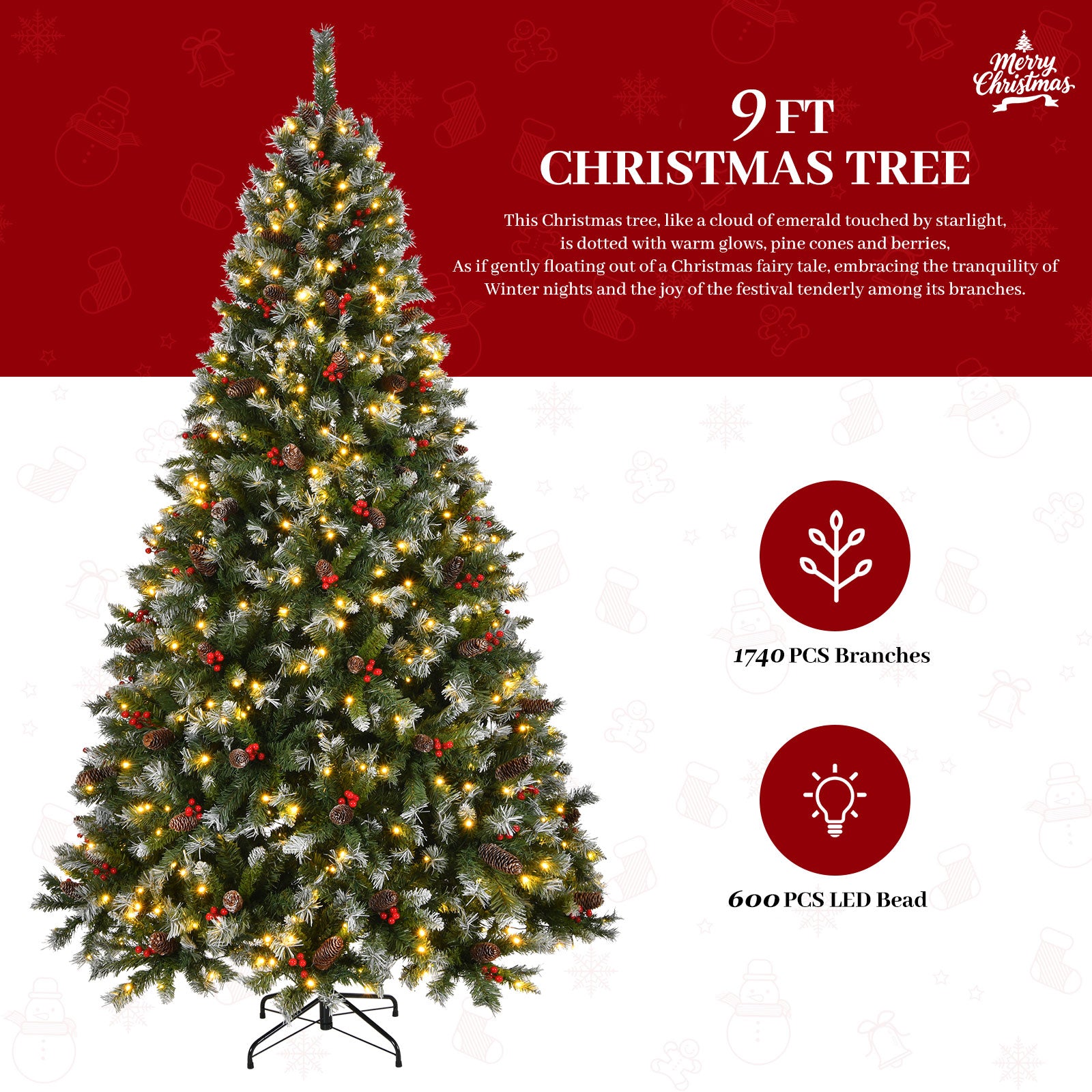9ft Pre-Lit Pre-Decorated Pine Christmas Tree: 1740 Flocked Frosted Tips, 103 Pine Cones, 309 Red Berries, 600 Lights, Metal Base. Lush Green PVC for Home, Office Holiday Parties. Easy Setup.