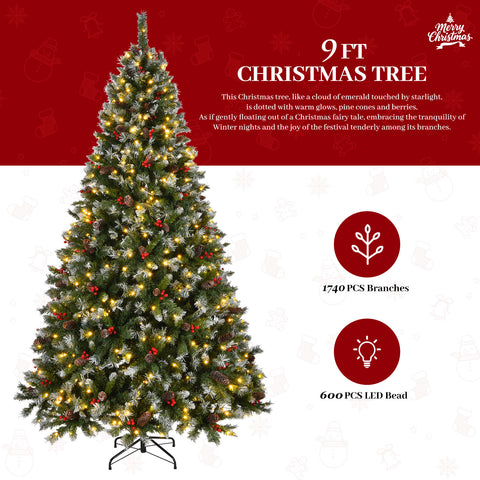 9ft Pre-Lit Pre-Decorated Pine Christmas Tree: 1740 Flocked Frosted Tips, 103 Pine Cones, 309 Red Berries, 600 Lights, Metal Base. Lush Green PVC for Home, Office Holiday Parties. Easy Setup.