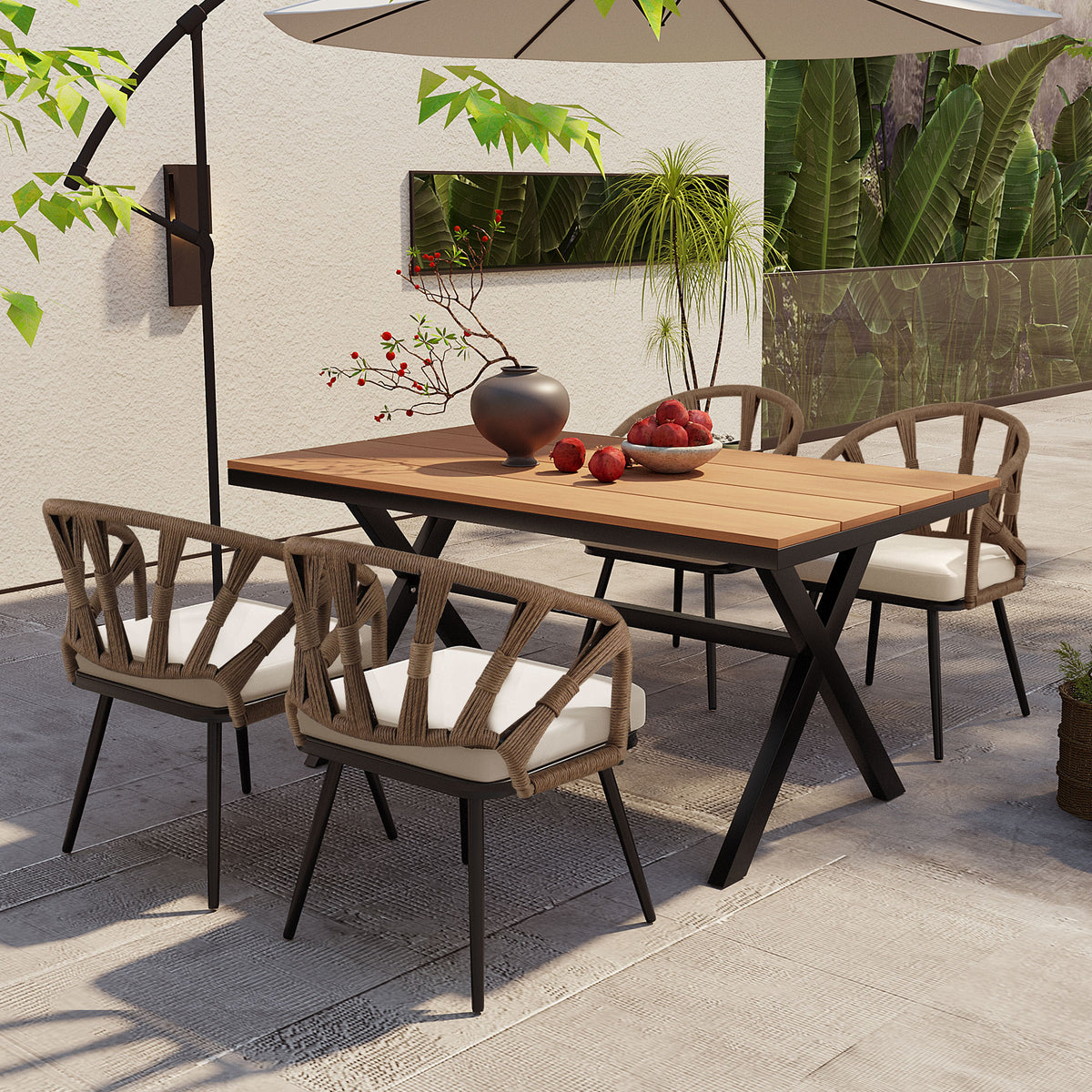 U_Style 4-Seater Brown PE Rattan Outdoor Dining Set: Modern Plastic Wood Table & Linear Chairs for Garden, Patio, Lawn - Weather-Resistant & Durable, Residential Use