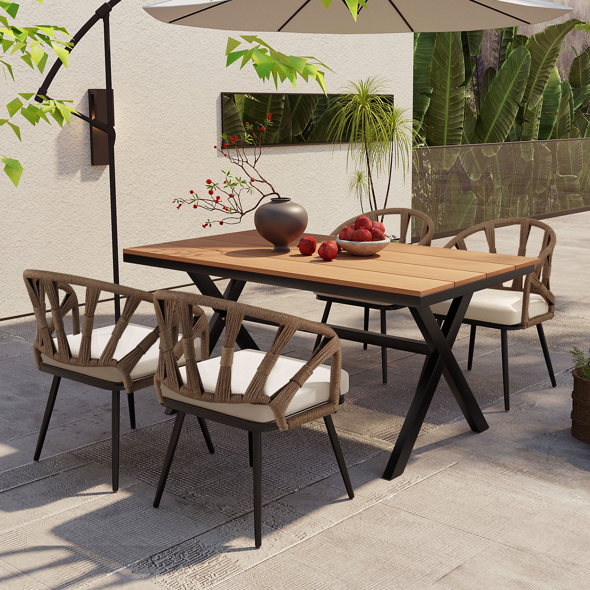 U_Style 4-Seater Brown PE Rattan Outdoor Dining Set: Modern Plastic Wood Table & Linear Chairs for Garden, Patio, Lawn - Weather-Resistant & Durable, Residential Use