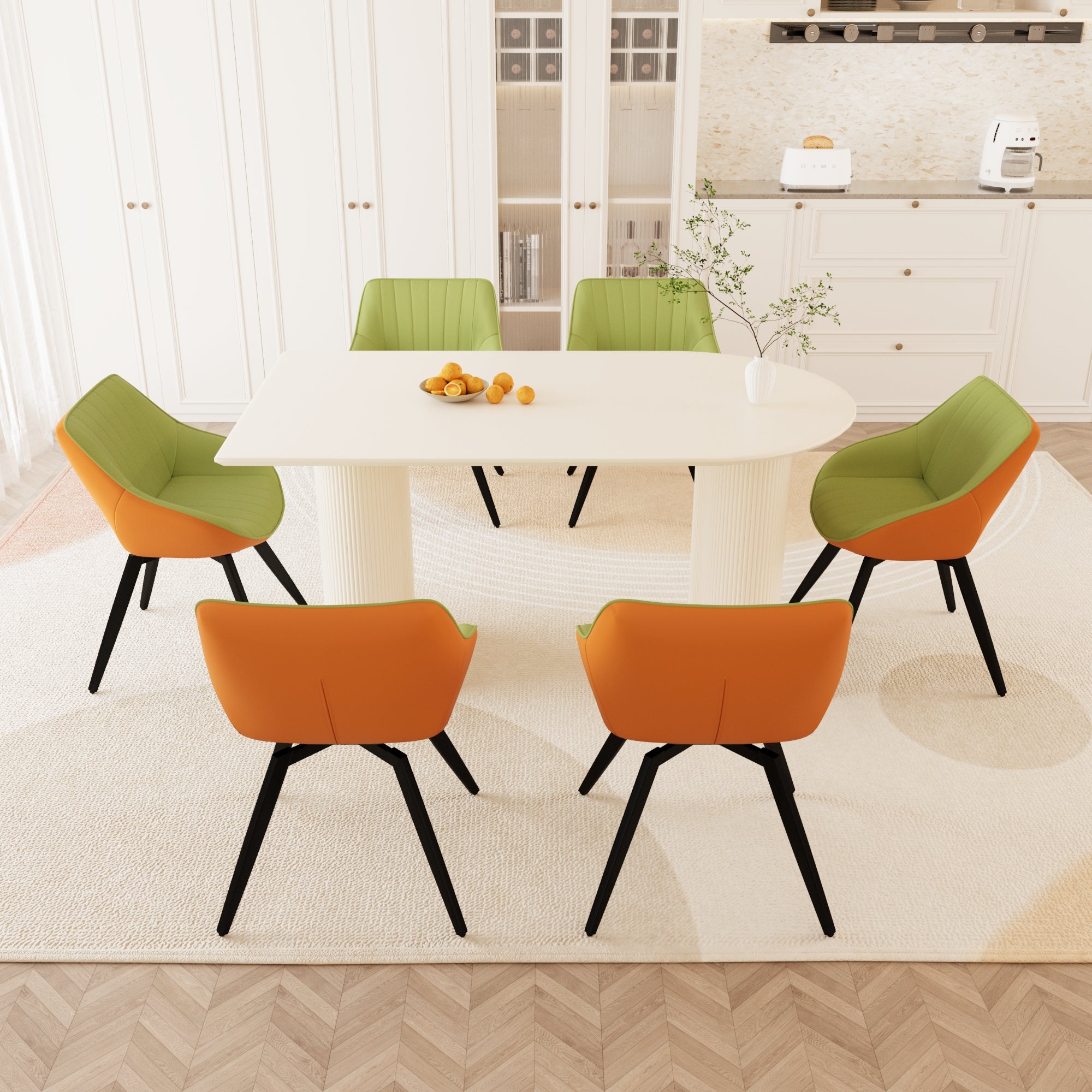 63" Cream MDF Dining Table Set with 6 Green PU Leather Chairs, Modern Industrial Style, Ergonomic Design, Perfect for Kitchen, Dining Room, Home &amp; Office Gatherings