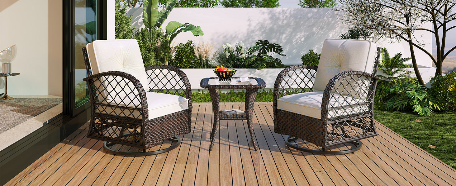 3-Piece Brown Rattan Outdoor Chat Set: 2 Swivel Rocker Chairs &amp; Glass Top Table for Garden Patio Balcony, Weather-Resistant Wicker Seating Group with Cushions