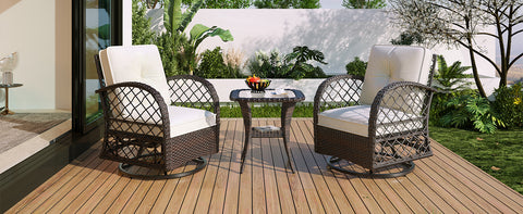 3-Piece Brown Rattan Outdoor Chat Set: 2 Swivel Rocker Chairs &amp; Glass Top Table for Garden Patio Balcony, Weather-Resistant Wicker Seating Group with Cushions