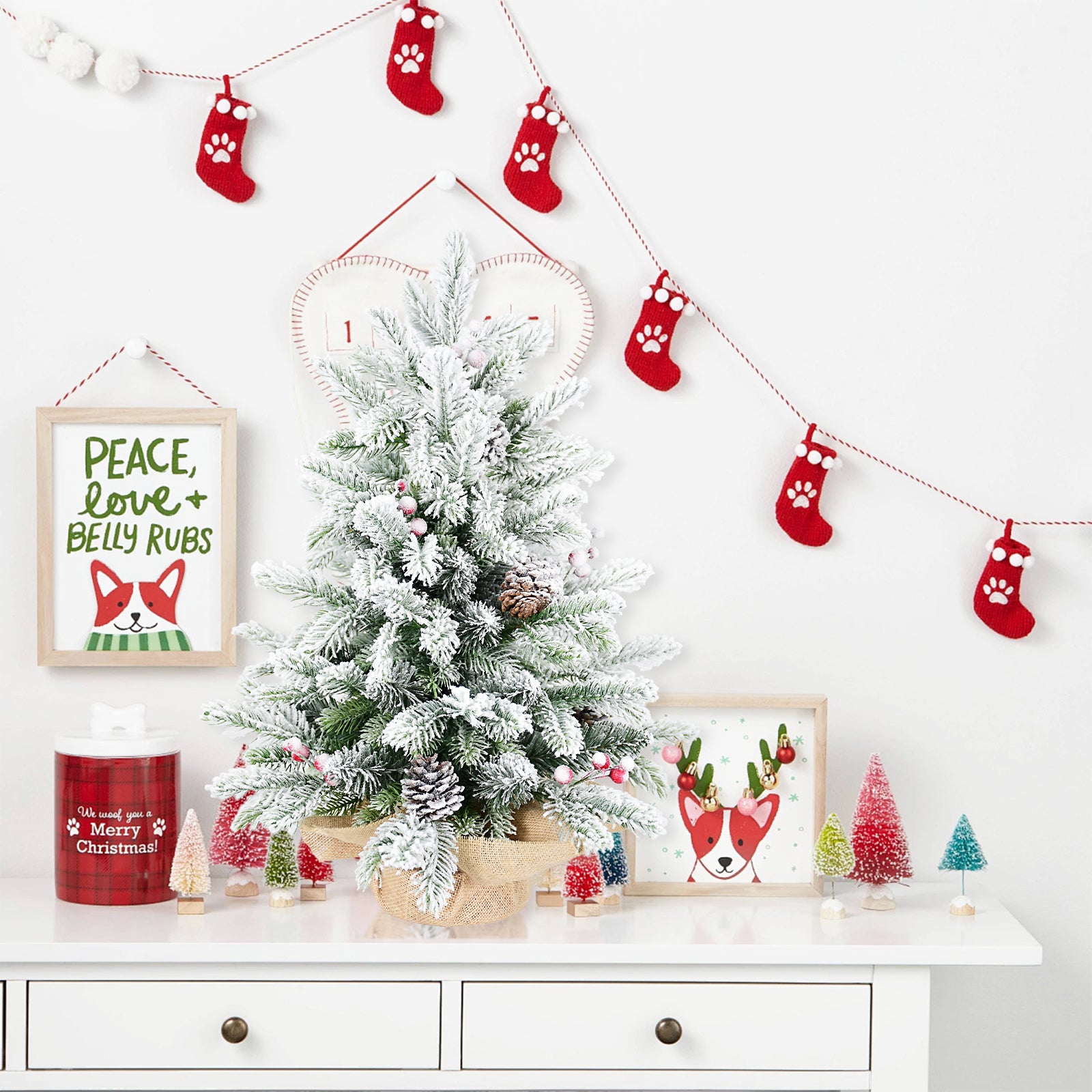 3FT Flocked Snow Christmas Tree | 355 PE/PVC Tips, Pine Cones &amp; Berries | Rustic Burlap Cement Base | Small Decorative Holiday Tree for Tabletop, Desk, Home &amp; Office Decor