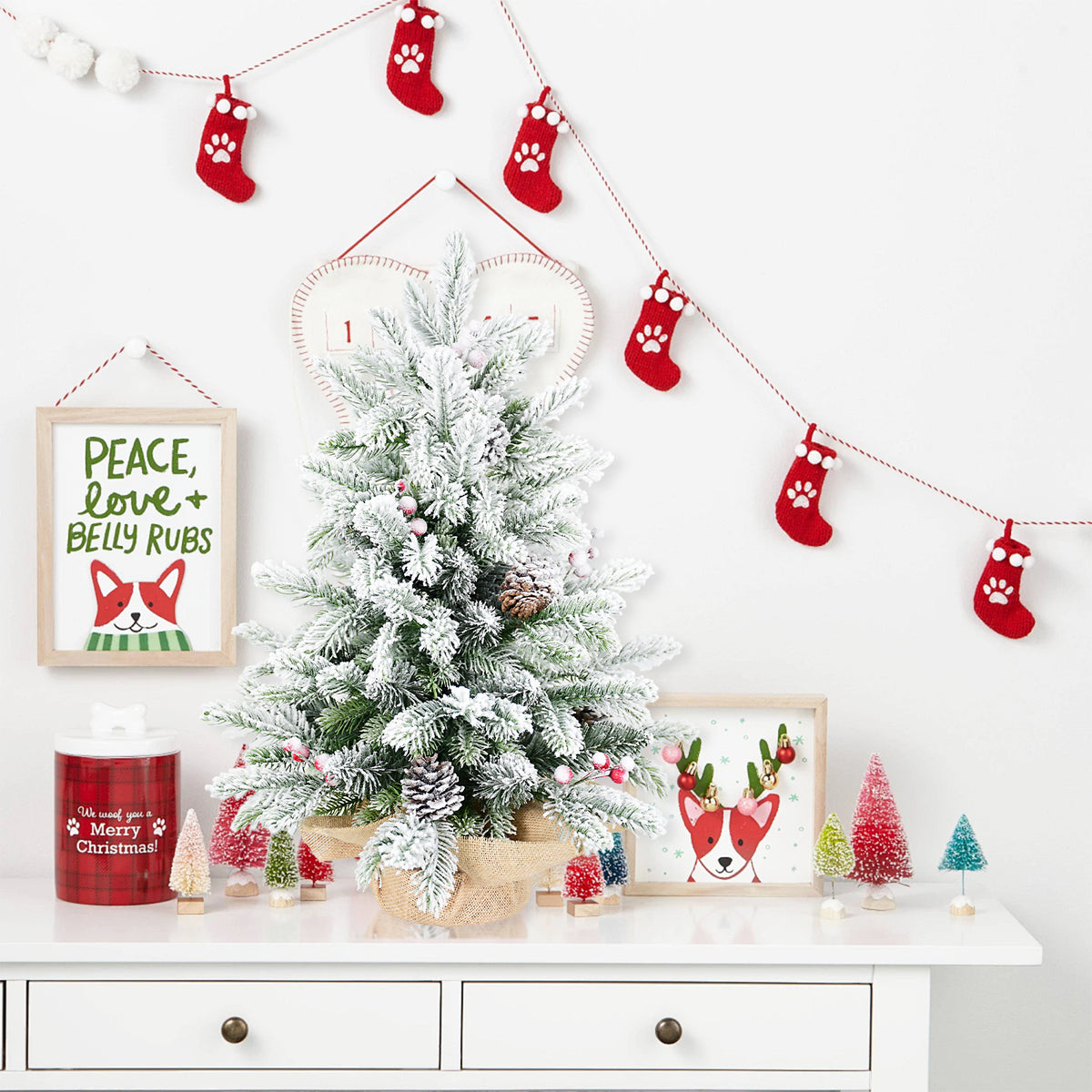 3FT Flocked Snow Christmas Tree | 355 PE/PVC Tips, Pine Cones &amp; Berries | Rustic Burlap Cement Base | Small Decorative Holiday Tree for Tabletop, Desk, Home &amp; Office Decor