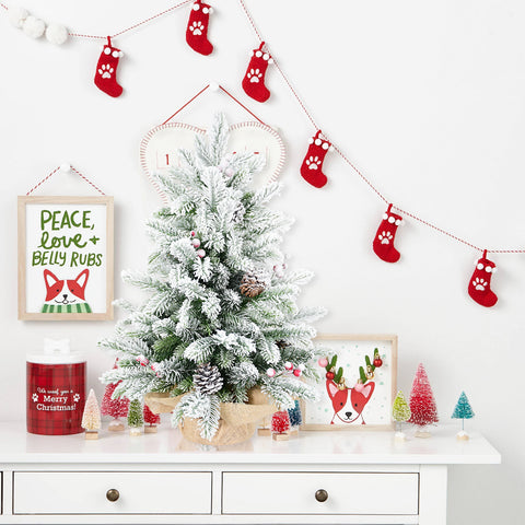 3FT Flocked Snow Christmas Tree | 355 PE/PVC Tips, Pine Cones &amp; Berries | Rustic Burlap Cement Base | Small Decorative Holiday Tree for Tabletop, Desk, Home &amp; Office Decor