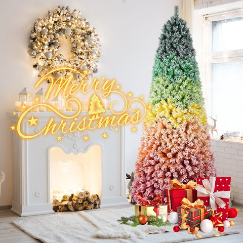 6ft Rainbow Gradient Flocked PVC Christmas Tree | 1326 Full Tips, Snowy Finish | Hinged Artificial Pine with Sturdy Metal Stand | Vibrant Indoor Holiday Decoration
