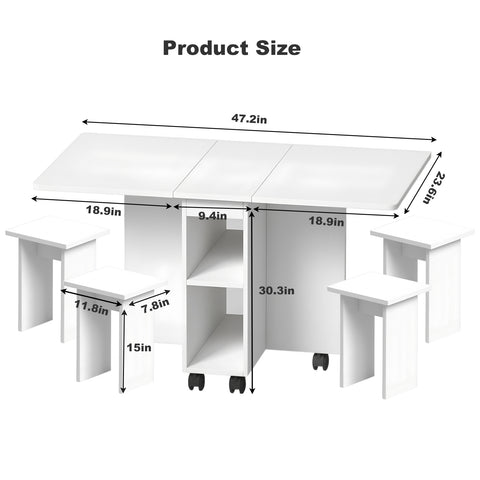 Space-Saving Folding Drop Leaf Dining Table Set for 4 with 4 Chairs, White MDF, 6 Wheels, Versatile for Kitchens & Small Spaces, Easy Clean & Assemble, 47.2"W