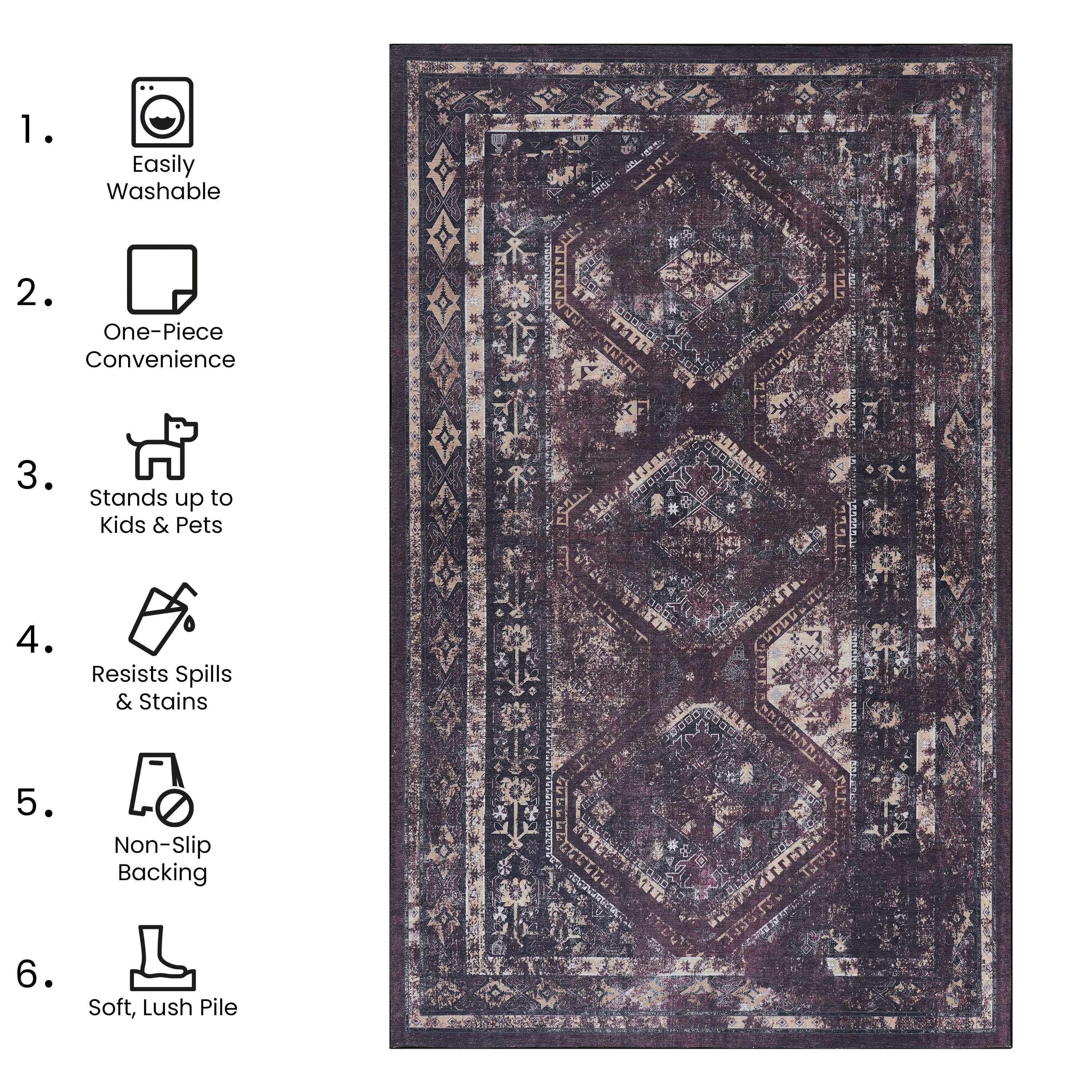 MAVAL Burgundy & Black 8x10 Washable Area Rug - Soft Polyester Chenille, Low Pile, Non-Slip, Stain-Resistant for Living Room, Bedroom, Hallway, Dining Room