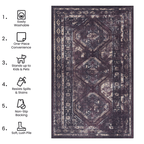 MAVAL 9x12 Washable Area Rug Burgundy & Black - Soft Chenille Polyester, Low Pile, Non-Slip, Stain-Resistant for Living Room, Dining Room, Hallway, Kitchen