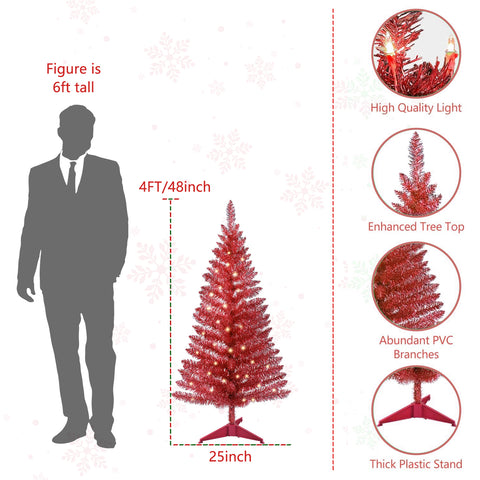 4FT Red Christmas Tree with 50 UL Lights, 122 PVC Tips - Prelit Artificial Holiday Tree for Indoor Decor, Small Spaces, Tabletop, Apartments, Offices. Vibrant Red Festive Centerpiece, Easy Assembly.