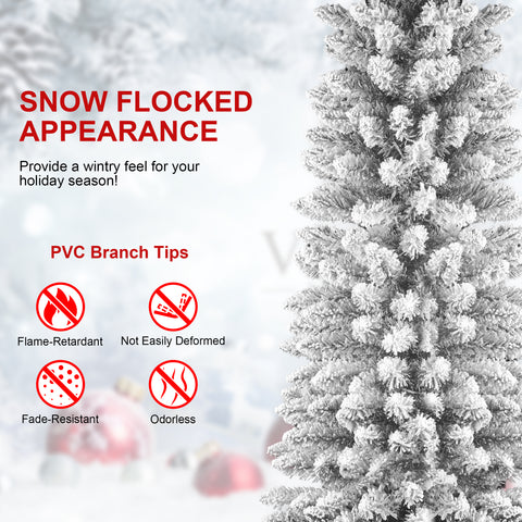 6FT Flocked Pencil Christmas Tree - Slim PVC Snowy Tree with 358 Tips, Realistic Snow Effect, Space-Saving Design for Apartments &amp; Small Spaces, Sturdy Metal Stand, Easy Setup, White &amp; Green