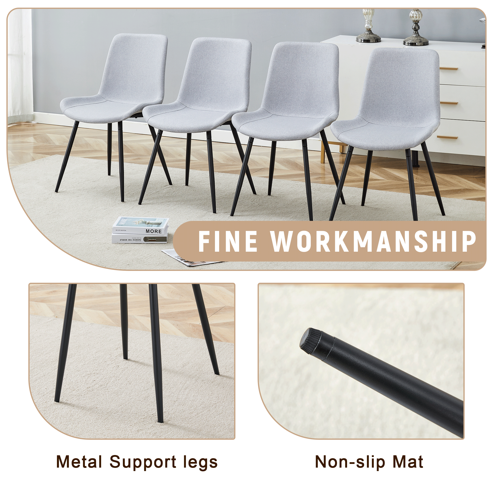 71" Wooden &amp; Black Spliced Dining Table Set with 8 Light Gray Linen Chairs - 30"H Table w/ Storage Shelf, Ergonomic Cushions for Dining Room, Kitchen &amp; Parties