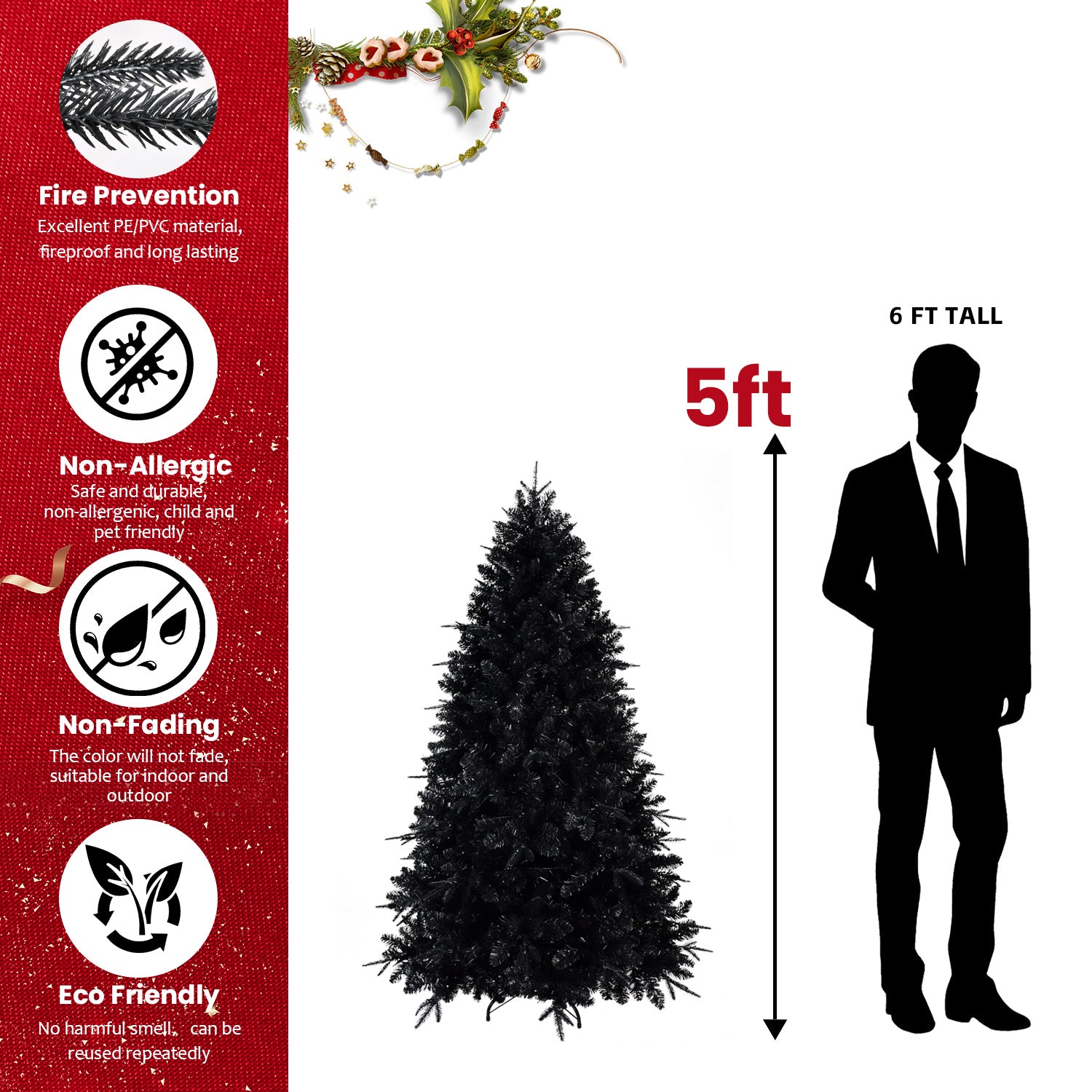 9ft Black Artificial Christmas Tree with 750 White LED Lights, 3176 PE+PVC Tips, Hinged Structure &amp; Metal Stand for Halloween &amp; Holiday Decor
