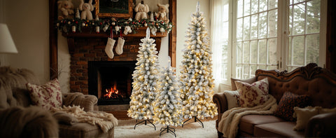 3 Pcs Flocked Artificial Christmas Trees Set w/ Warm White LED Lights, 4ft 5ft 6ft Snow-Covered Pine Tree Decor for Indoor Holiday Parties, Easy Assembly, Dense PVC Tips, Metal Stand, Green/White