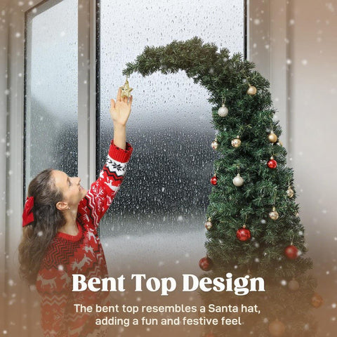 7ft Slim High Mountain Fir Christmas Tree | Unique Bent Top Santa Hat Design | 300 Warm White LEDs, 8 Modes | 777 Tips, Full Green Appearance | Metal Stand | Indoor Home Decor