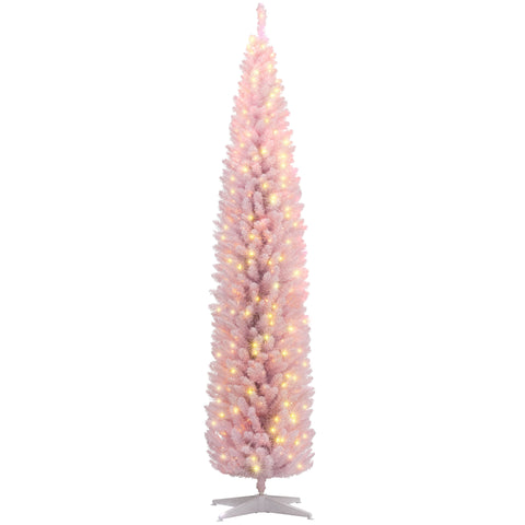8ft Pink Pencil Christmas Tree with Warm White LED Lights | Slim, Flame-Retardant Artificial Tree for Indoor Home Decor & Small Spaces
