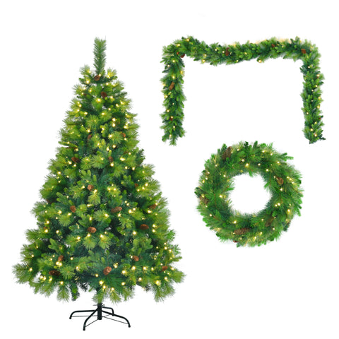 6FT Grass Green Hinged Artificial Christmas Tree Set: 844 Branch Tips, 430 Warm LED Lights, Pine Cones, Garland & Wreath Included - Durable PVC/PE for Home & Office Holiday Decor