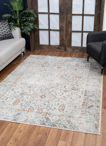 Noble GC_GEN7002 Ivory 2'x3' Area Rug: Timeless Medallion Pattern, 100% Polyester, Low Pile, Stain-Resistant, Made in Turkey - Perfect for Entryways & High Traffic Home Areas