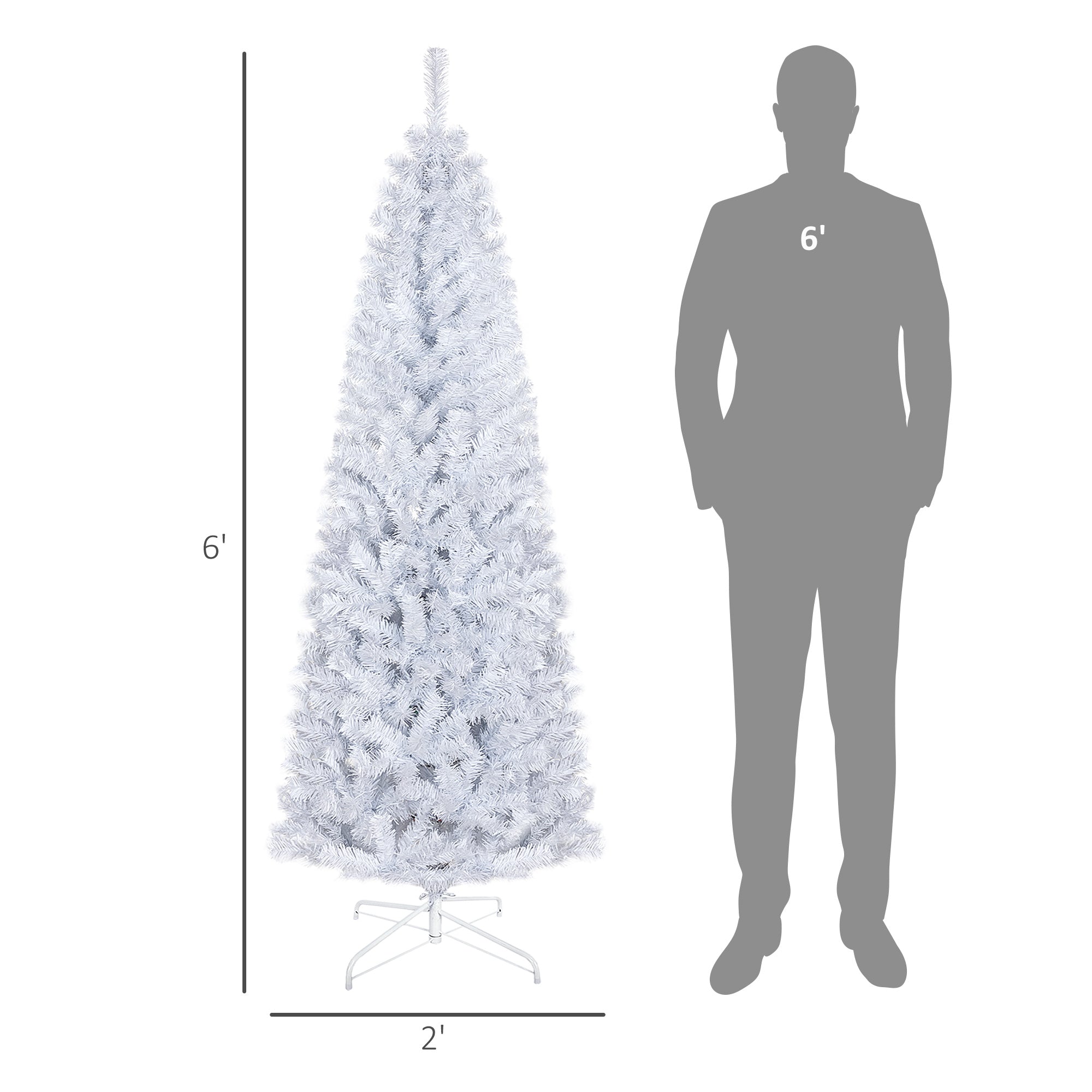 HOMCOM 6ft White Pencil Christmas Tree - Unlit Slim Artificial Douglas Fir with 618 Realistic Tips, Flame-Retardant Plastic, Easy Assembly & Storage for Festive Home Decor