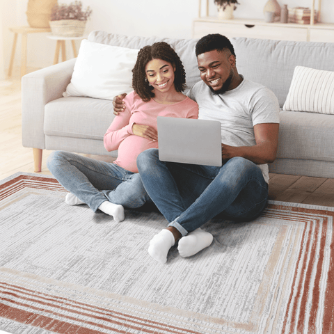 MARFI Collection 2'x8' Runner Rug - Brown/Ivory Bordered Polyester - Stain Resistant, Non-Shedding, Easy Care - Medium Pile - Turkish Made - For Entryway, Hallway, Kitchen, Living Room