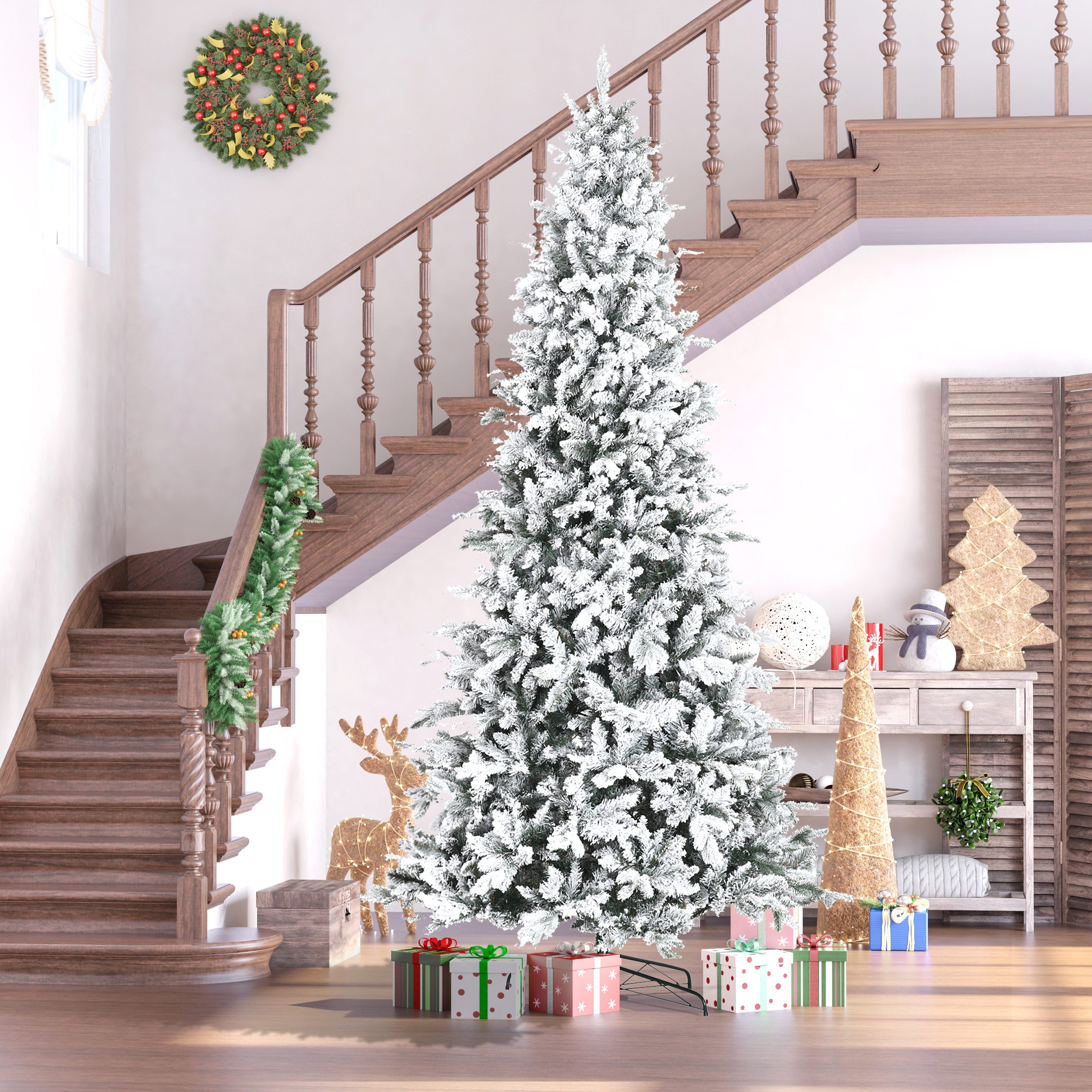 HOMCOM 9ft Snow Flocked Pine Artificial Christmas Tree | 616 Realistic Cedar Branches, Auto Open, Flame Retardant | Green | Home Holiday Decor, Living Room, Indoor Use