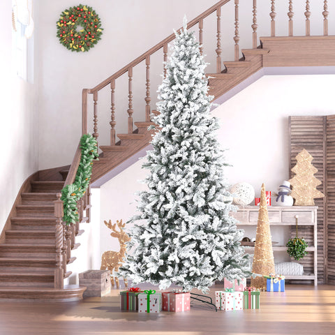 HOMCOM 9ft Snow Flocked Pine Artificial Christmas Tree | 616 Realistic Cedar Branches, Auto Open, Flame Retardant | Green | Home Holiday Decor, Living Room, Indoor Use