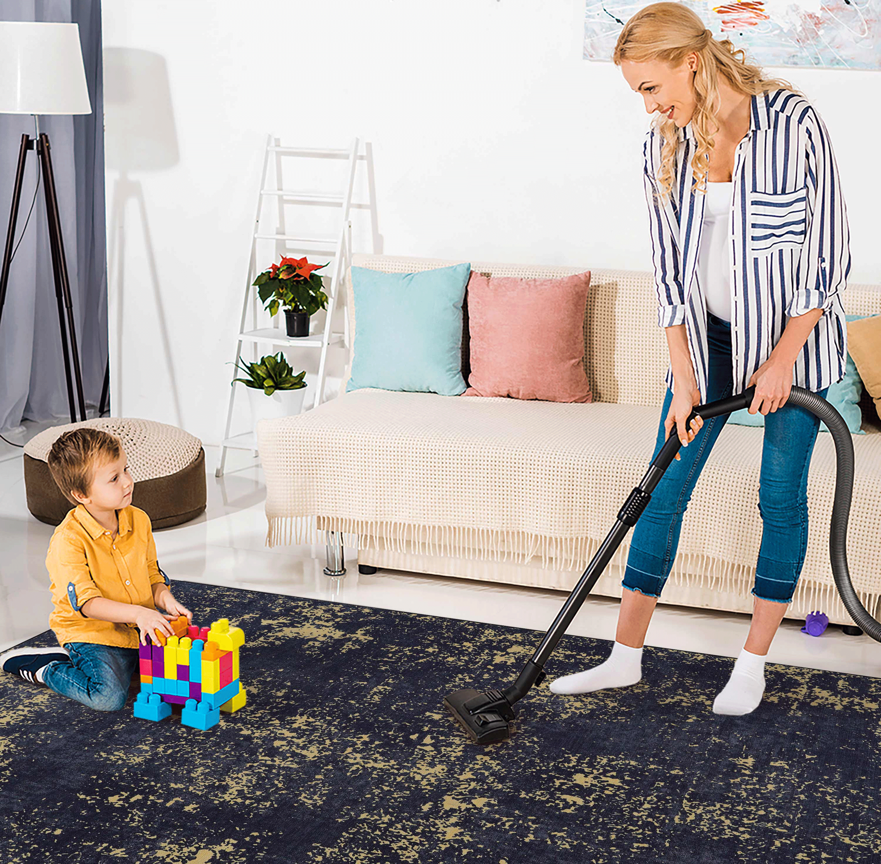 MAVAL Black &amp; Gold Washable Runner Rug 2'6" x 10' | Soft Chenille Polyester | Non-Slip, Stain-Resistant Hallway, Kitchen, Entryway Decor